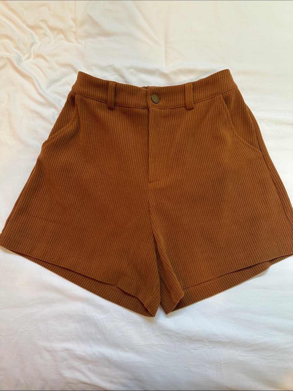 Sadie & Sage High-Waist Ribbed Shorts in Rust Brown